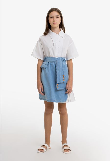 Short Belted Pleated Denim Skirt