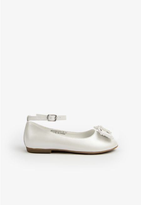 Faux Pearls Bow Flat Strap Shoes
