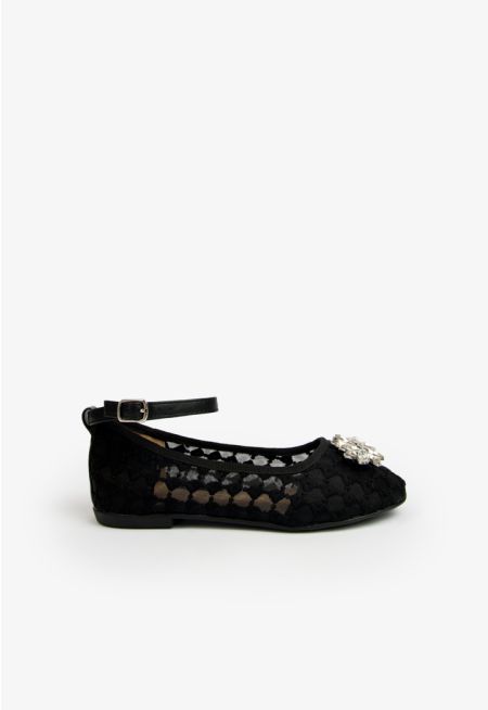Rhinestones Embellished Mesh Flat Strap Shoes