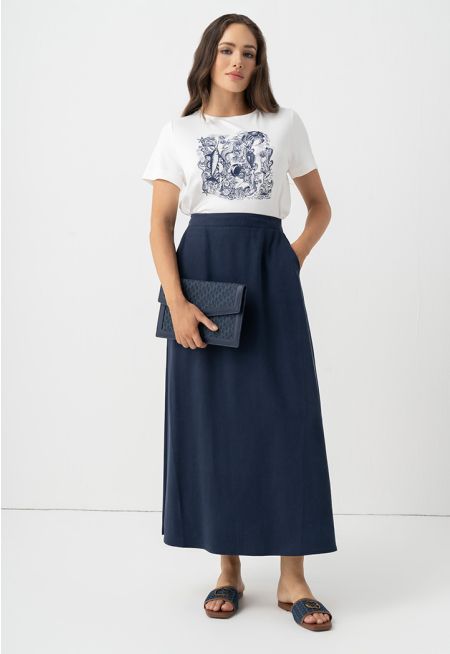 Solid Pleated Flared Skirt