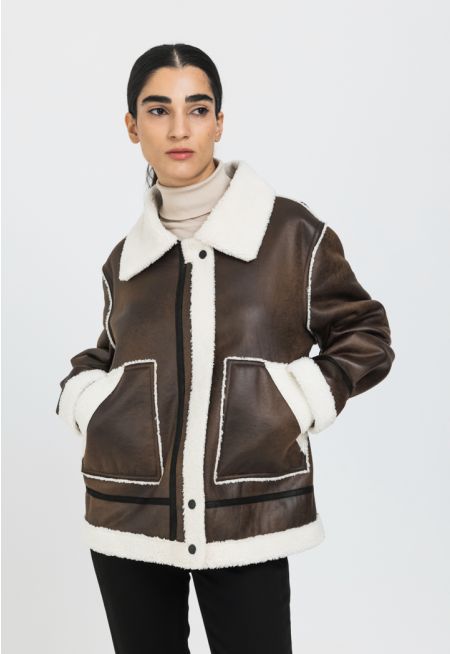 Faux Shearling Contrast Aviator Jacket