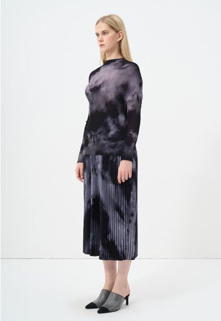 Printed Pleated Flared Skirt